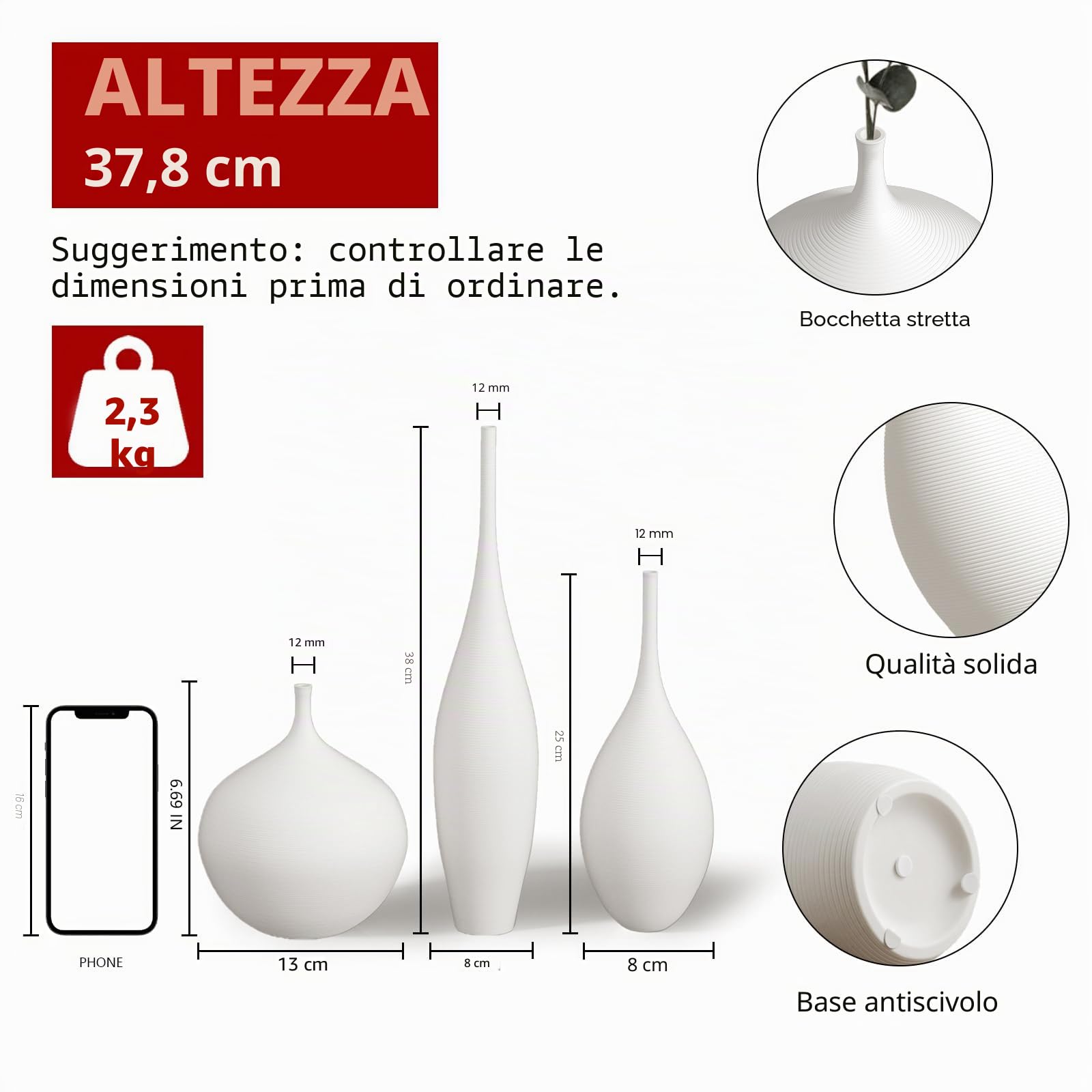 Relexome Set di 3 vasi per fiori in ceramica bianca, stile moderno, bohémien, Wabi-Sabi, vasi estetici decorativi per centrotavola, pampa, vasi minimalisti opachi per soggiorno, tavolo, mensola