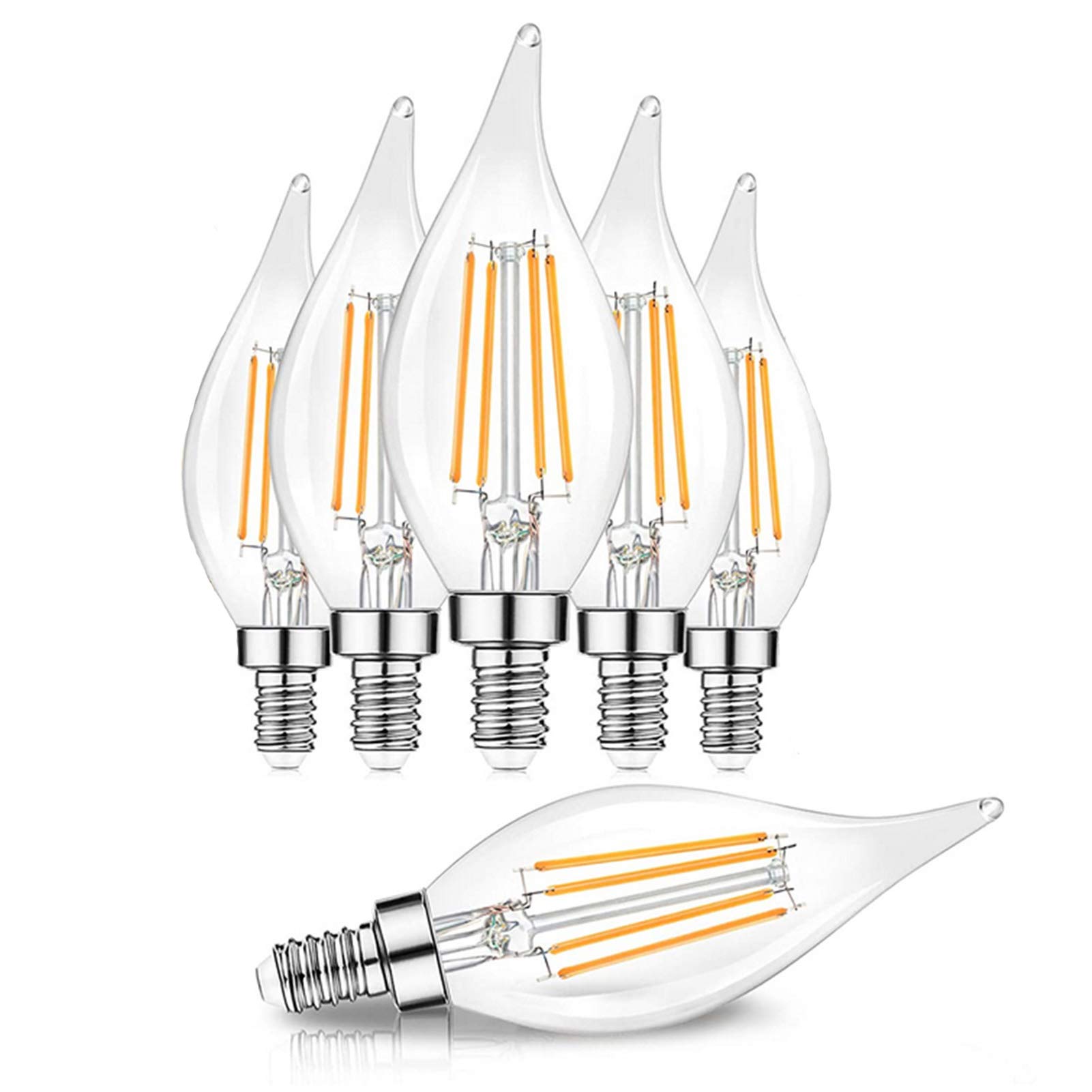 Portalámparas Bombilla Vela Filamento LED, 4W Cálido/Blanco Frío 360°; Bombilla llama con punta curvada C35, ahorro energía, ángulo haz, regulable, paquete 6, cálido