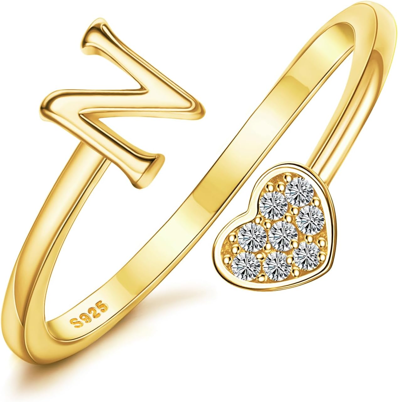 MILACOLATO925 Sterling Silver Initial Rings for Women Teen Girl 18K Gold Plated Heart Letter Rings Adjustable Capital Letter Ring Stackable Thumb Pinky Rings for Mothers Daughter Birthday Valentine's Day Gifts Jewelry