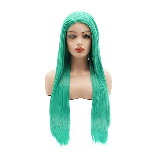 Meiyite Peluca de cabello sintético con encaje frontal recto largo 24 pulgadas color verde claro densidad pesada realista resistente al calor