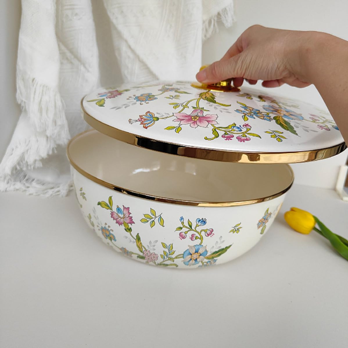 Cuenco Esmaltado Grande con Tapa para Masa, Servir Snacks y Frutas