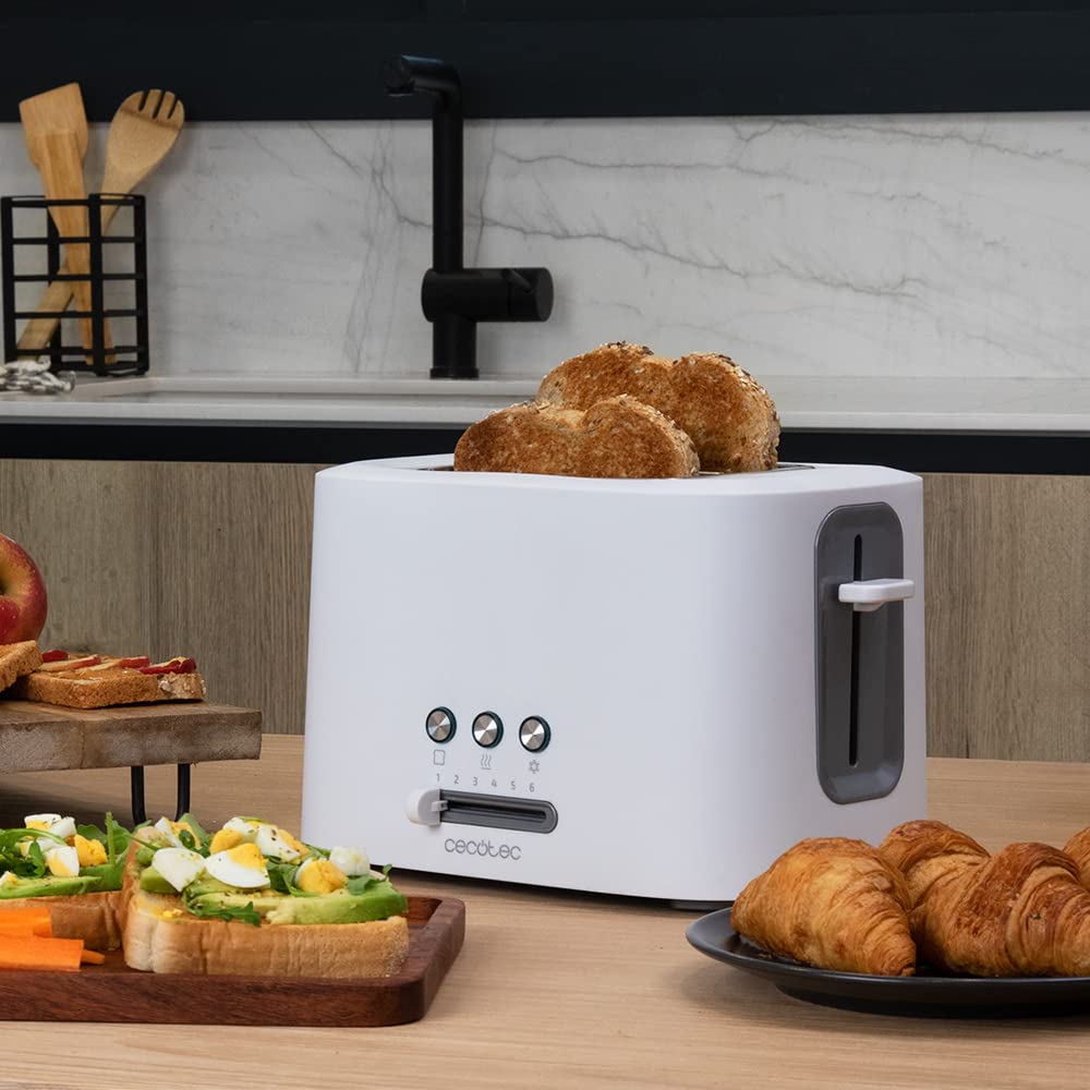 Cecotec Tostapane Toast&Taste 9000 Double White. 980 W, Double in plastica con 2 Fessure corte extra-larghe, 3 Funzioni preimpostate, Rifiniture in acciaio inossidabile