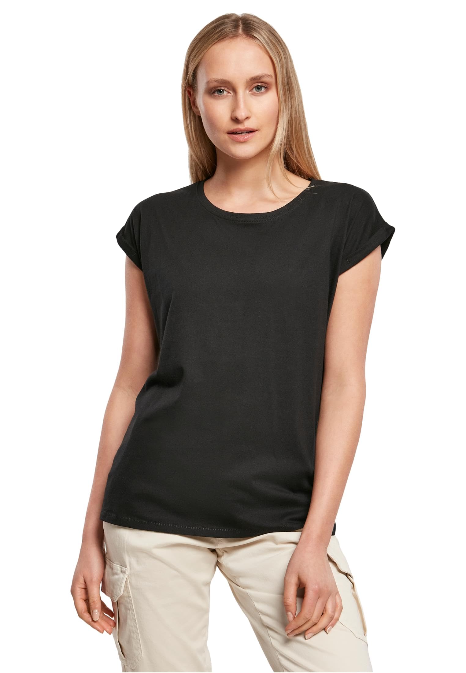 Build Your Brand Women's Extended Shoulder Tee Black