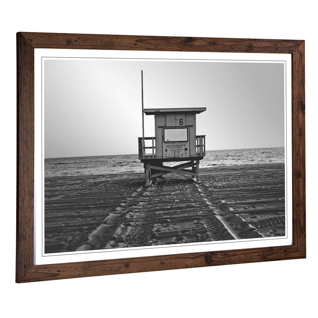 Big Box Art Framed Print of Lifeguard Station Beach & Seascape Design | Wall Art Picture | Home Decor for Kitchen, Living Room, Bedroom, Hallway, Walnut, A2 / 24.5x18 Inch / 62x45cm