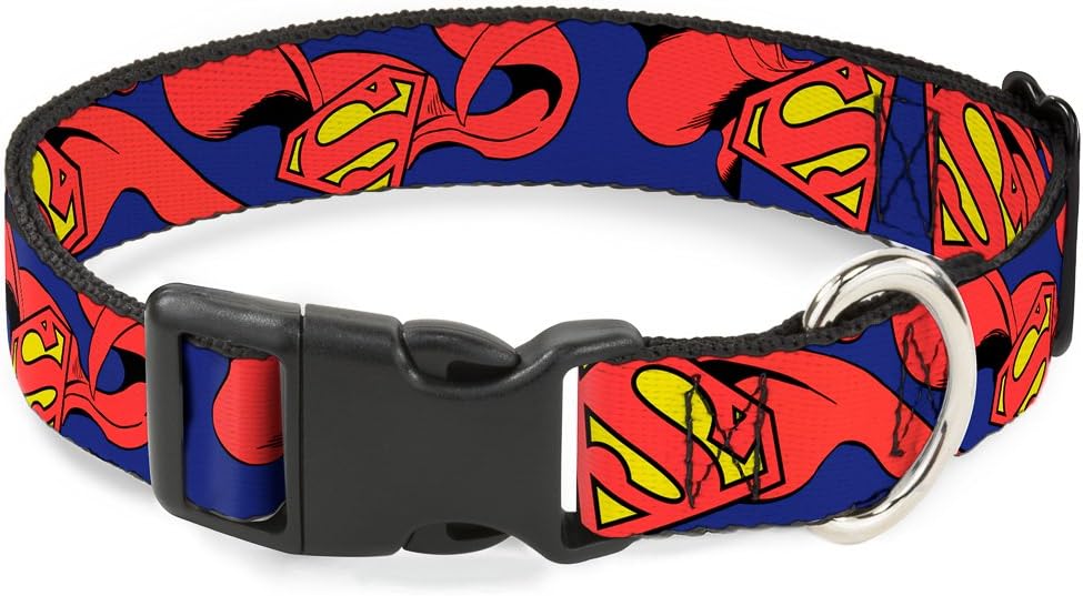 Buckle-Down Plastic Clip Collar - Superman Shield w/Cape - 1.5" Wide - Fits 13-18" Neck - Small
