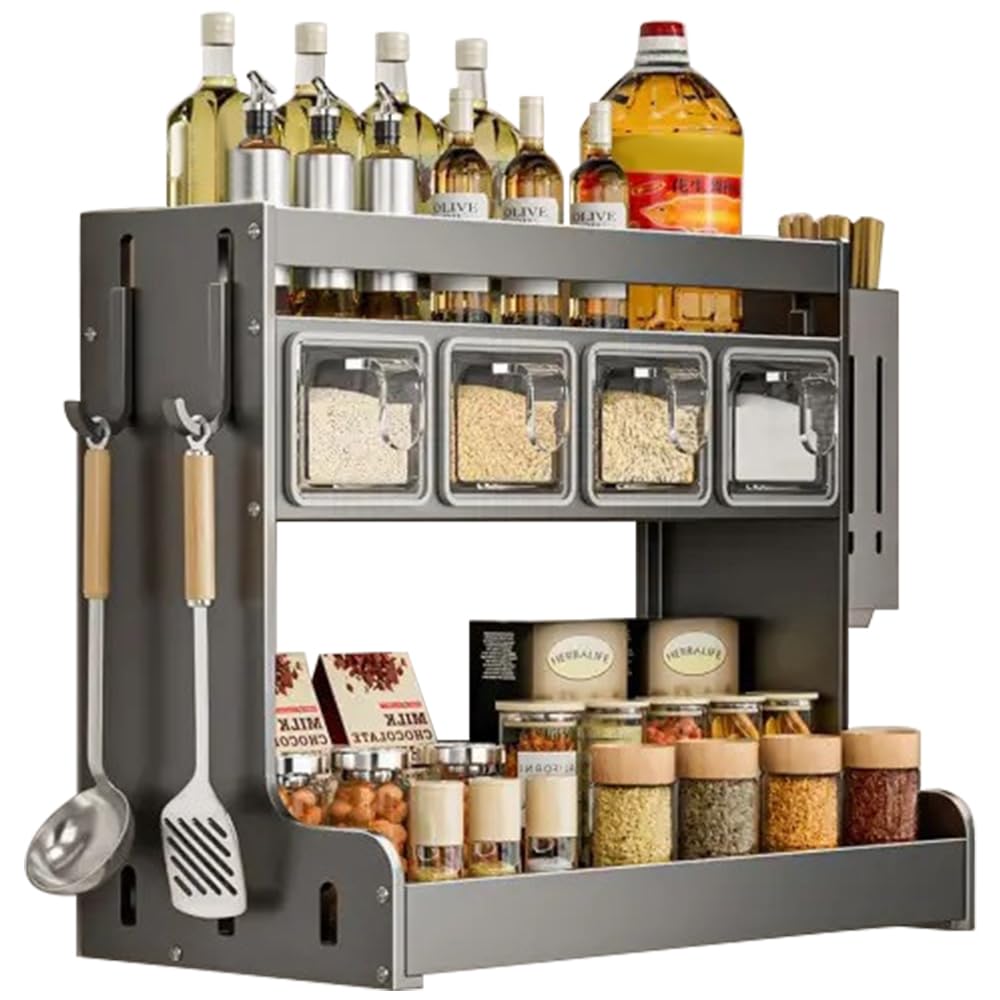 Mensola da Cucina per Condimenti, Portaspezie a Parete con Ganci e Supporto per Utensili, Organizzatore per Barattoli di Zucchero, Sale, Pepe, Olio (4 Scatole)