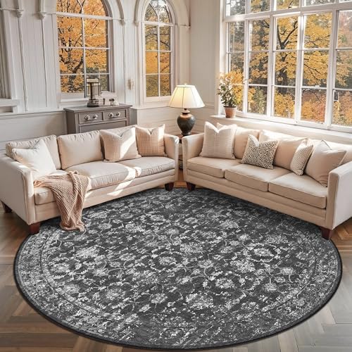 DUIDY 8ft Round Washable Living Room Rug Non-Slip Retro Black Throw Carpet