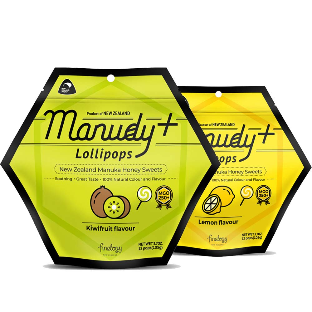 Manudy+ New Zealand Manuka Honey Sweets Lollipops MGO250+ Natural Fruits Flavor 12 Pops (Kiwi+Lemon)