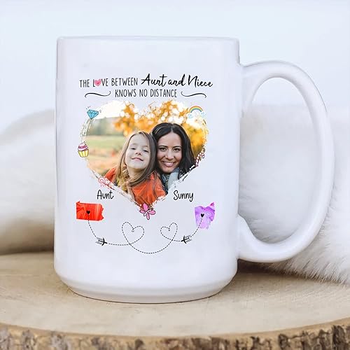 Miniatura 4 de Taza de café blanca personalizada con nombres de estados, regalo para tía y sobrina, The Love Between Them Knows No Distance  Taza de viaje