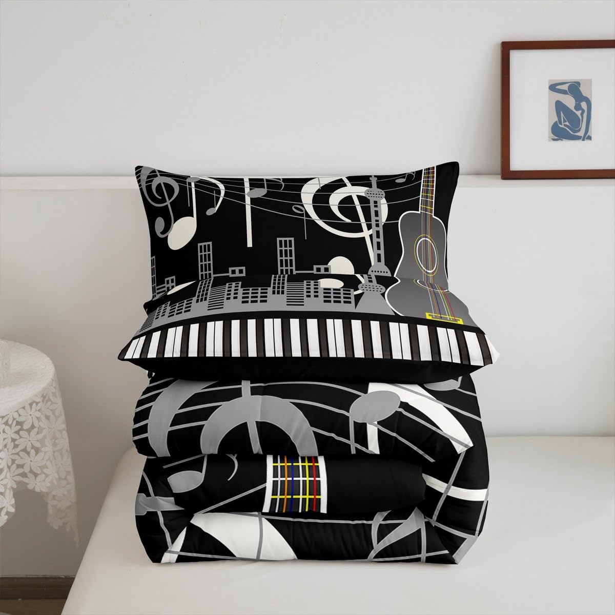 Erosebridal Paino Keys Bedding Set Full Size Musical Notes Comforter Set Guitar Rock Music Bedding Comforter for Kids Boys Teens Men Retro Black White Grey Quilt Duvet Bedroom Decor 3 Piece