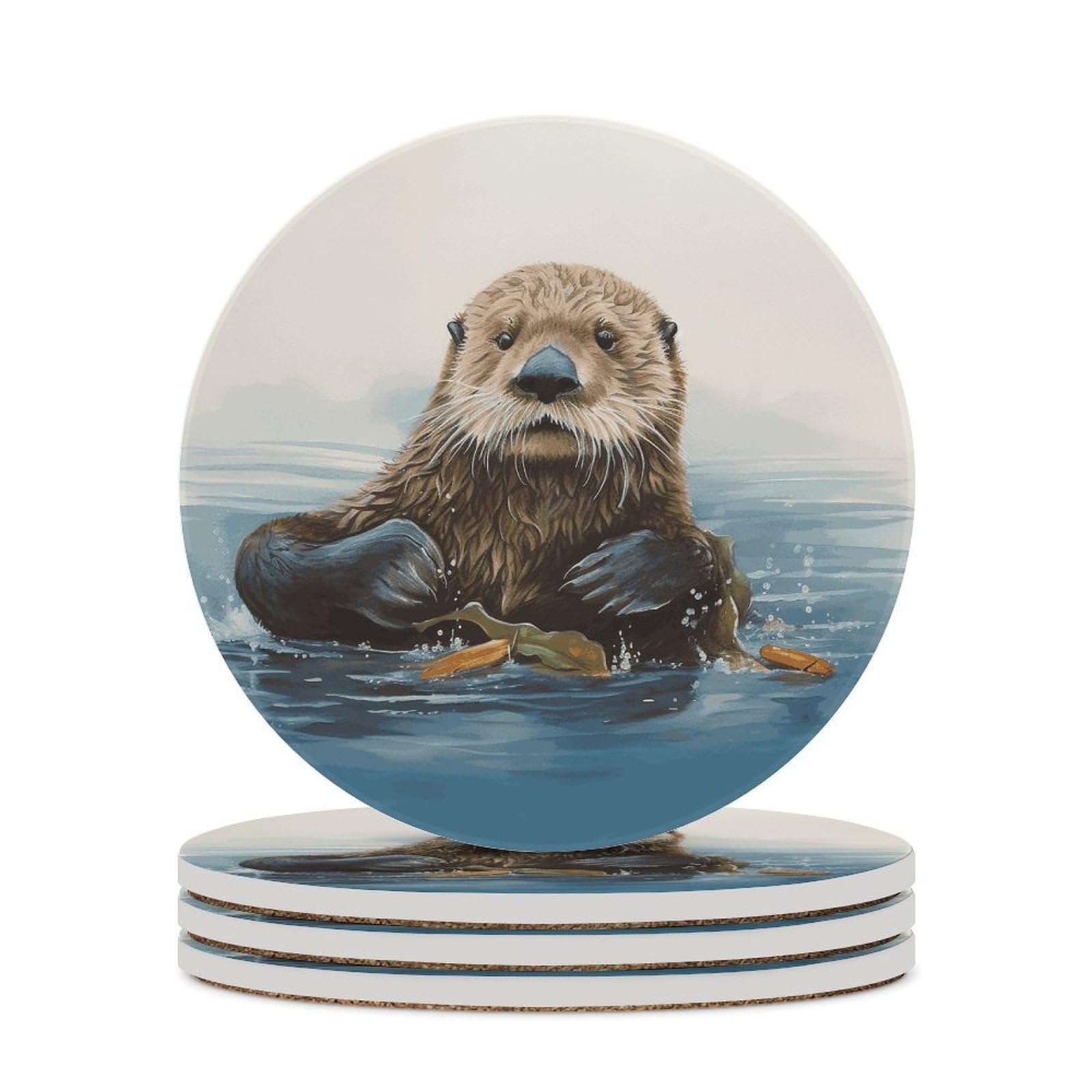 Sea Otter Coaster with Cork Base Drink Coasters for Coffee Table Decor Modern Cup Coasters with Non-Slip & Heat-Resistant Cute Ceramic Table Coaster for Home Dining