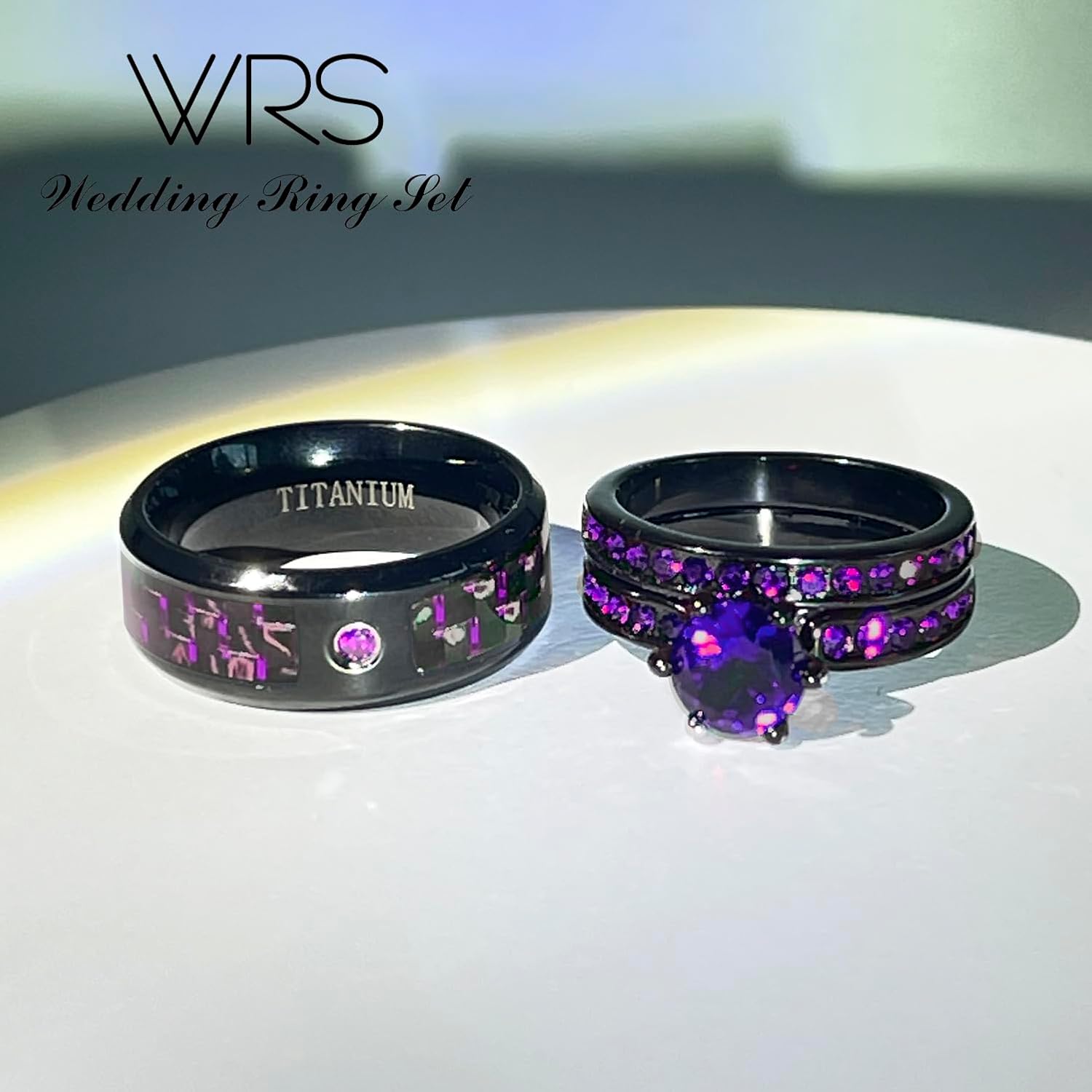 Two Rings His Hers Wedding Ring Sets Couples Matching Rings Women's 2pc Black Gold Filled Red CZ Wedding Engagement Ring Bridal Sets Men's Stainless steel Wedding Band