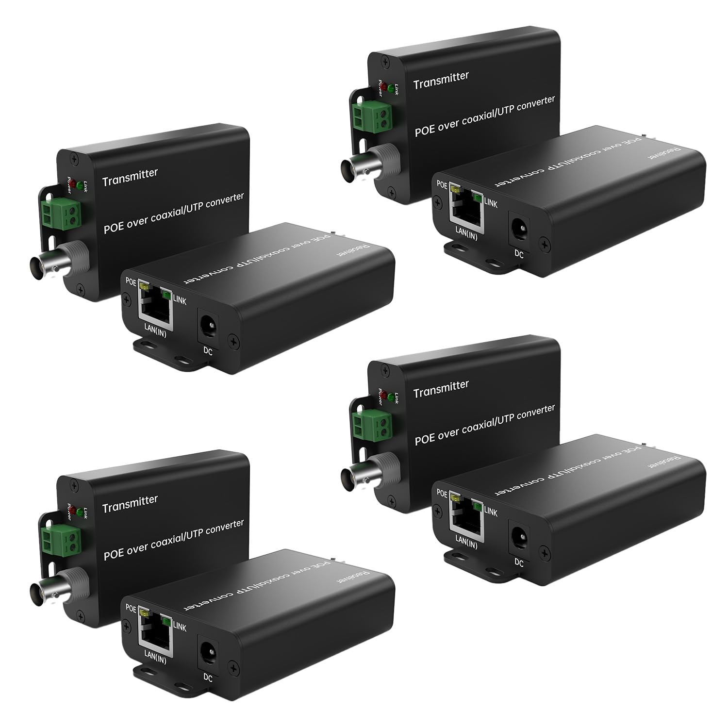 4PCS POE Over Coax Converter BNC to Ethernet IP Extender EOC, 3280ft(1000m) Power & Data via RG59 Coax Cable, Analog to IP CCTV System Upgrade Adapter, Dual Interface BNC+Twisted Pair, Plug & Play