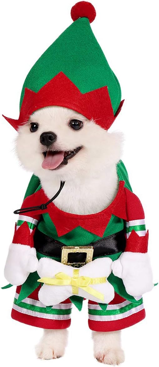 Yoption Christmas Elf Dog Cat Costume with Hat, Funny Pet Christmas Winter Fleece Coat Coat Clothes Outfit Apparel (XL) XL-Chest Girth: 18.1", Neck Girt: 14.2"