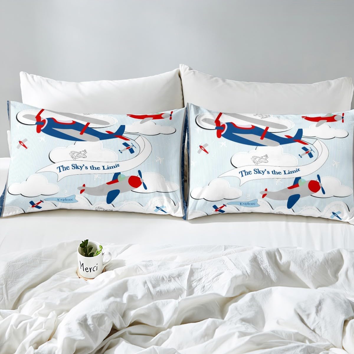 Erosebridal Helicopter Comforter Baby Nursery Toddler Bedding Set for Boys Airplane Twin Bed Comforter Set, Cartoon Aircraft Blue Plane Sketch Lines Duvet Set with 1 Pillowcase