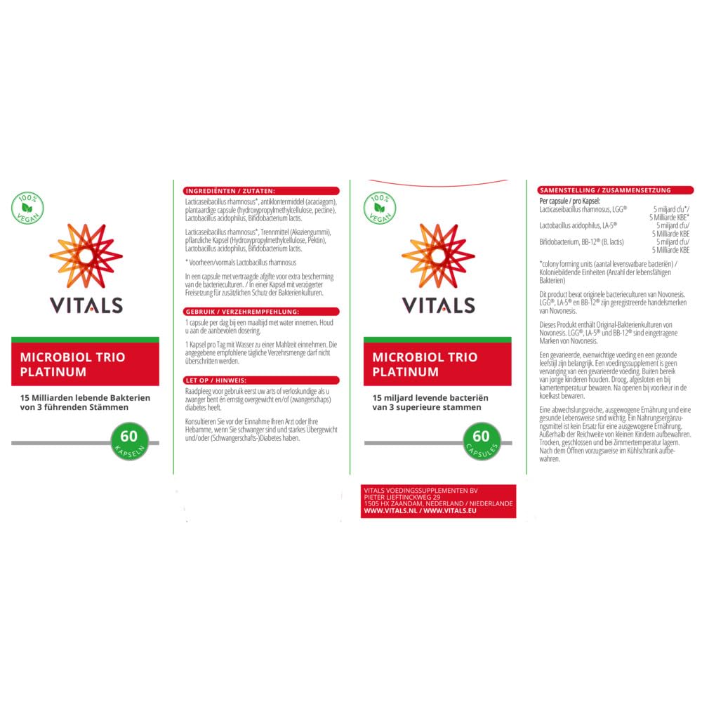 Vitals - Microbiol Trio Platinum 60 Kapseln. Probiotikum mit sehr hoher Dosis: 15 Milliarden lebende Bakterien von 3 bekannten Stämmen (Lactobacillus rhamnosus GG). Bakterien kommen lebend an.