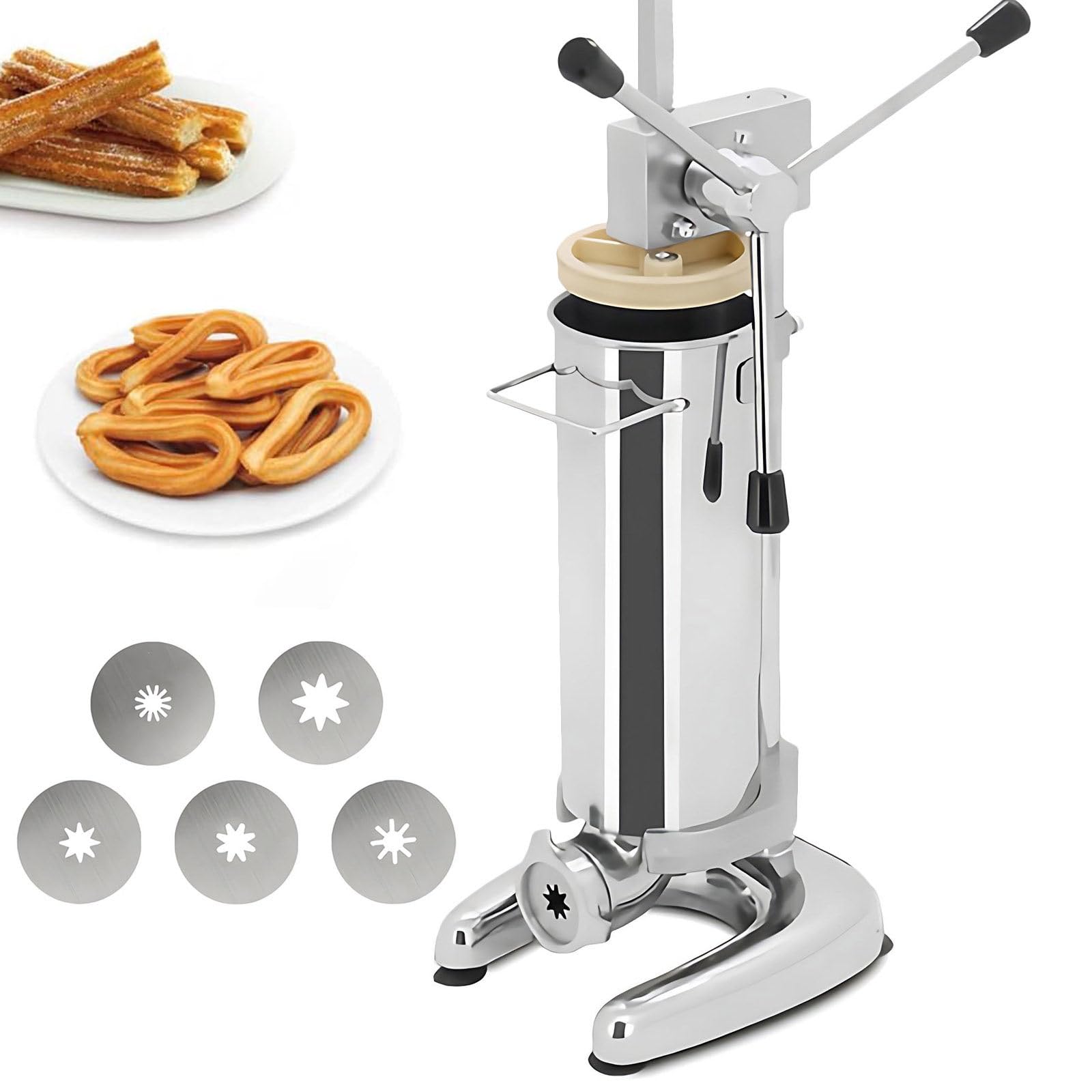 Machine à Churros Manuelle Espagnole en Acier Inoxydable 2L/3L, Churrera avec 5 Embouts pour Snacks, Food Trucks, Conception Verticale, de Véritables Churros Maison en Quelques Minutes 2L