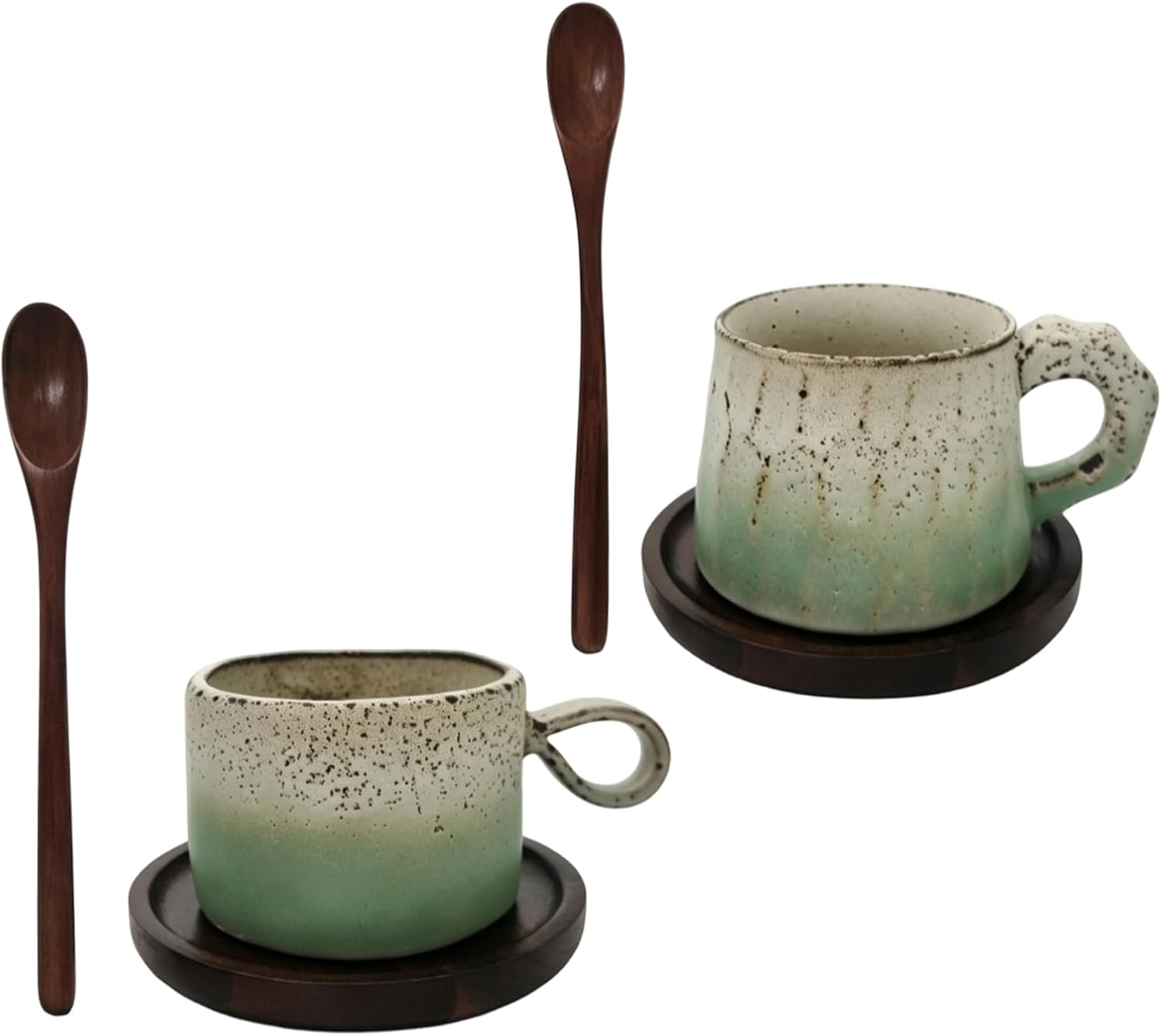 Speckled Ceramic Coffee Set with Saucer & Wooden Spoon, 300ml Mug for Morning Latte, Tea & Gift