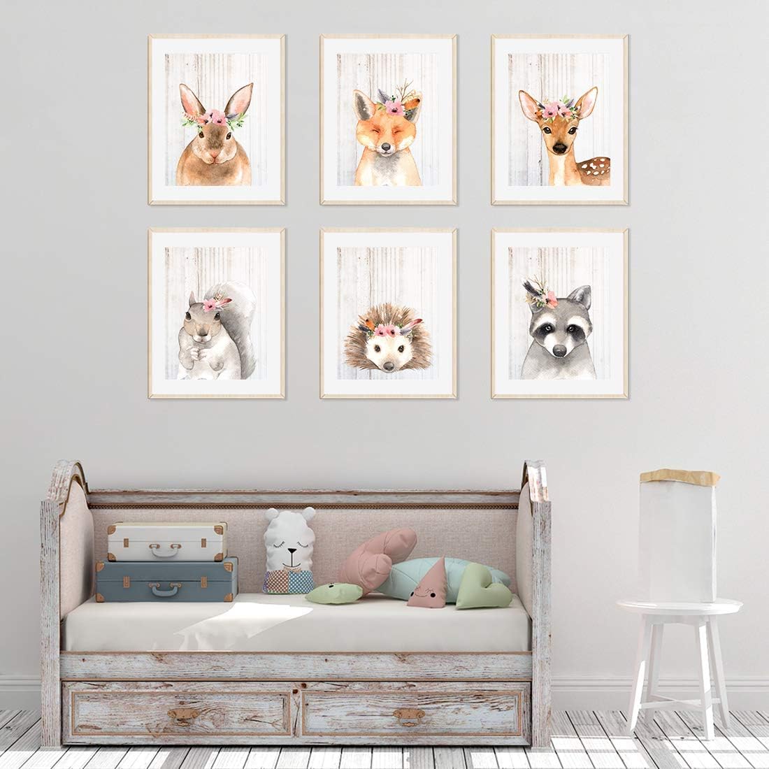 Andaz Press Nursery Girls Kids Room Unframed Wall Art Poster Home Decor Gift, 8.5x11-inch, Rustic Woodland Floral Roses Forest Animals Rabbit Fox Deer Hedgehog Raccoon, 6-Pack, No Frames