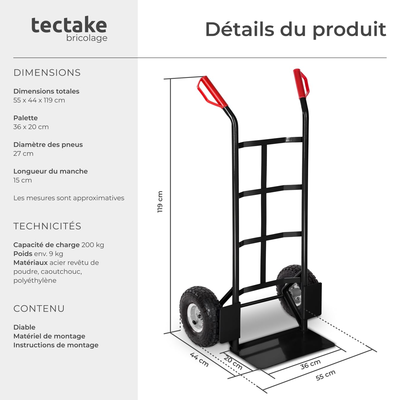 tectake® Diable Chariot de Transport Max. 200kg Pneus Tout Terrain Solides Diable demenagement escalier manutention Kit déménagement pour Maison Bureau Salon Professionnel Voyages