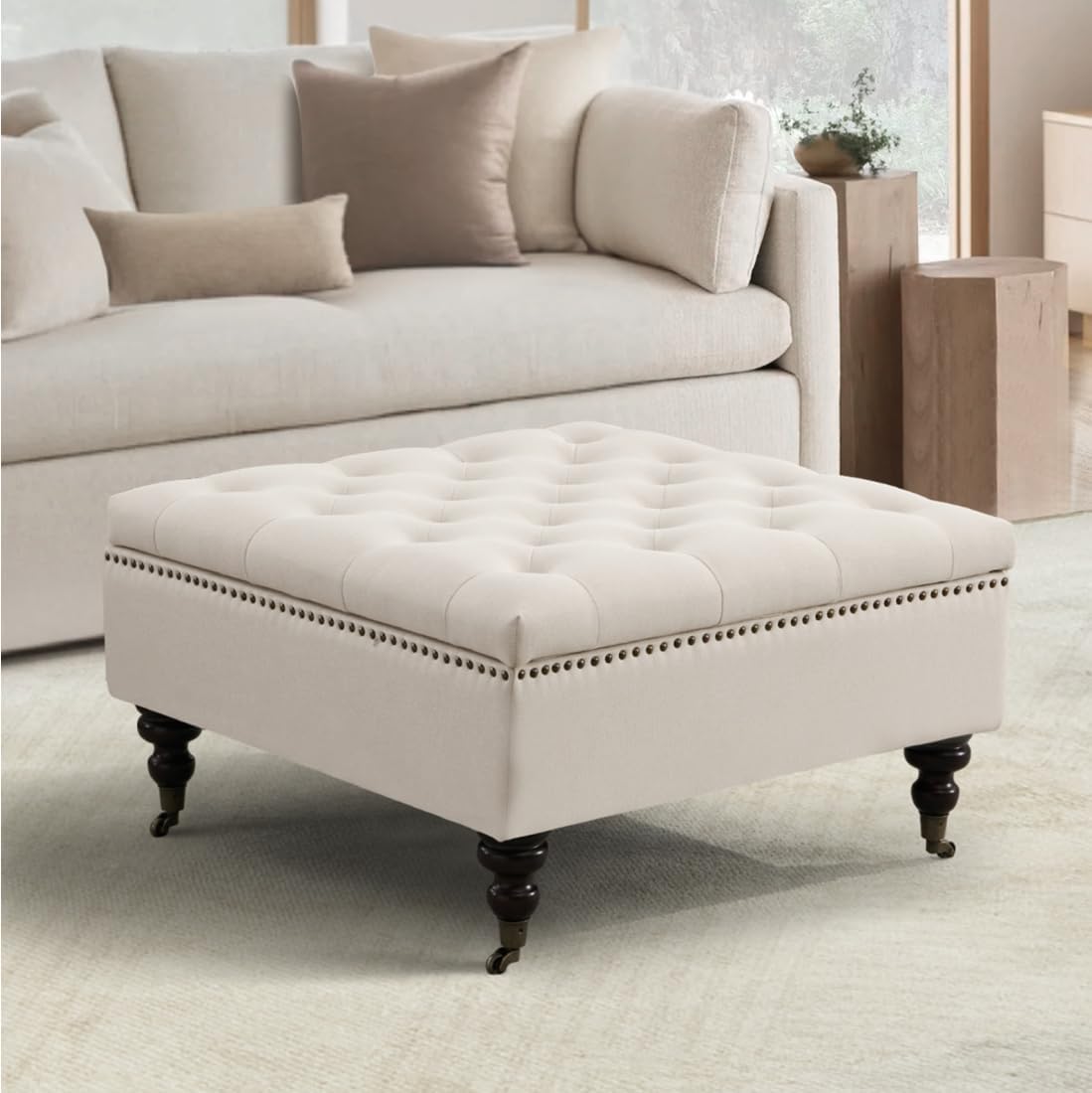 Square Storage Ottoman Coffee Table Tufted Upholstered Large Ottoman with Storage with Rolling Wheels Oversized Footrest Ottomans for Living Room, Brown Faux Leather