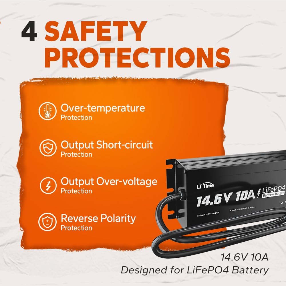 LiTime IP65 Waterproof 14.6V 10A LiFePO4 Onboard Charger, Fast Charging, 4 Safety Protections, Better Charging Performance, Extend Lithium Batteries Life, with LED Indicator, Outdoor & Marine Use