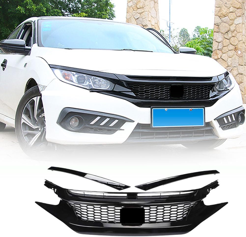 Front Grille Compatible With Honda Civic 4-Door 2019-2022 Front Upper Grille Gloss Black ABS Honeycomb Front Bumper Mesh Grill