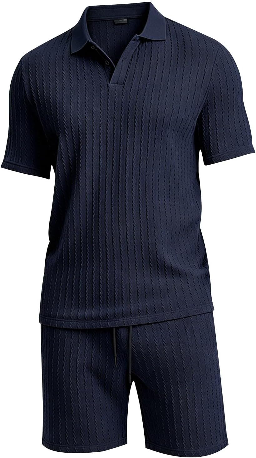 HJINGSUN Men 2 Piece Short Set Textured Polo Shirt Outfits | Weekend Golf Games, Casual Office Days, Summer Outings, Lunch Meetups, Travel, Resort Lounging, Commutes, Club Socials