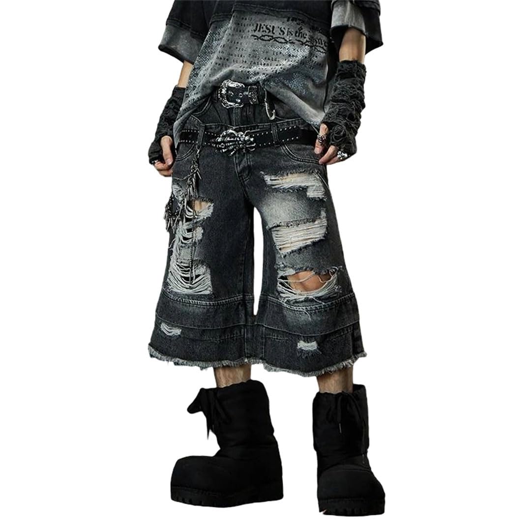 Mens Cropped Hole Denim Jeans - Straight Summer Casual Comfort Fit