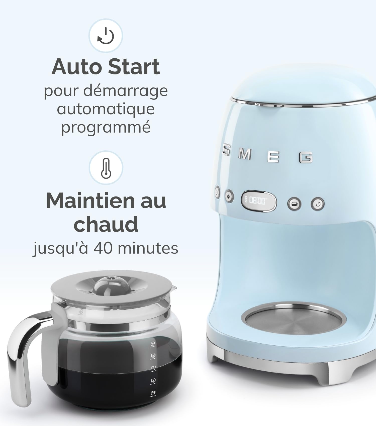 Smeg, Machine à Café Filtre DCF02NBEU, Fonction Arôme et Autostart, Carafe en Verre Jusqu'à 12 Tasses, 2 Niveaux d'Intensité, Mode Maintien au Chaud, 1050 W, Blue Navy