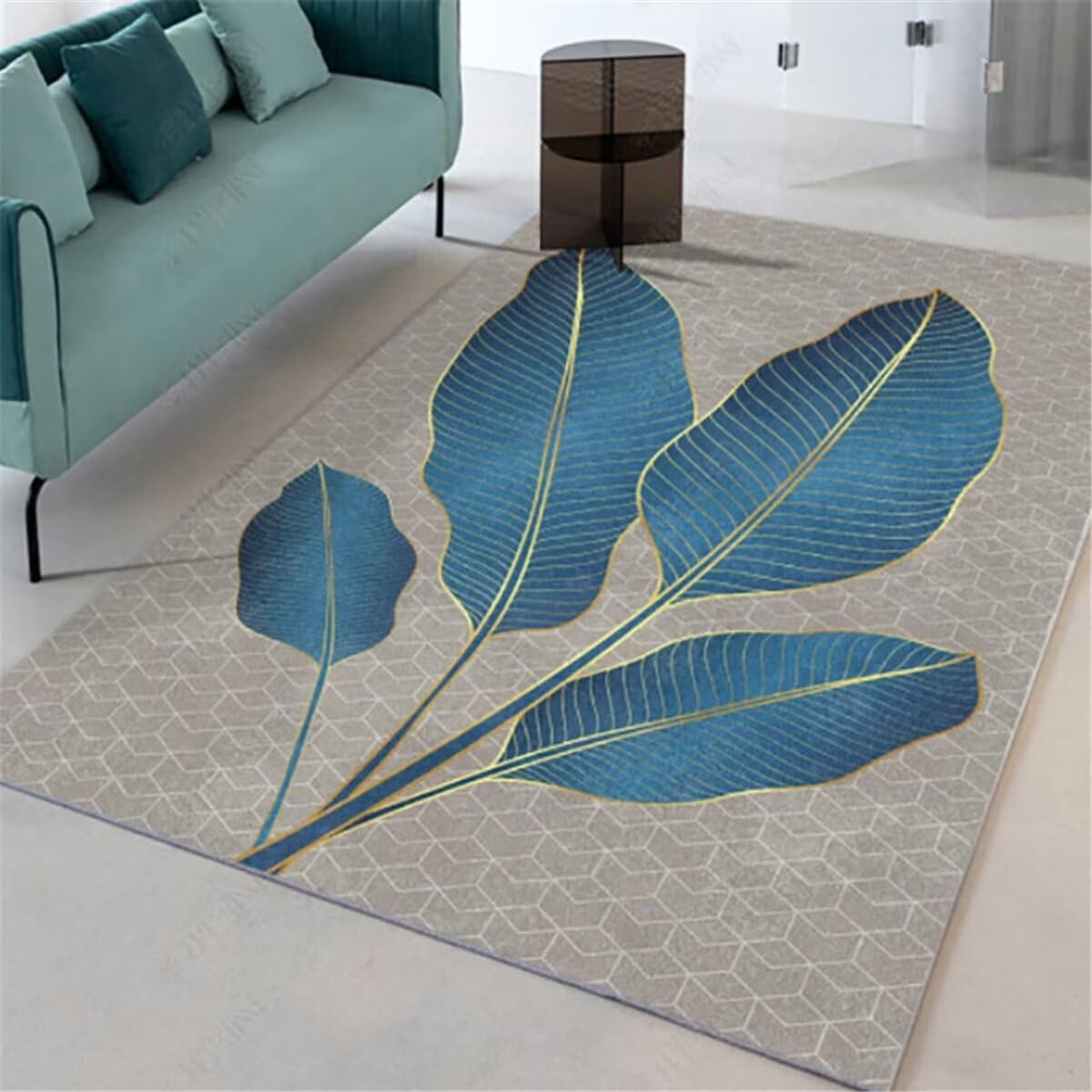 Tapis gris 160x230cm motif feuille bleue antidérapant pour salon