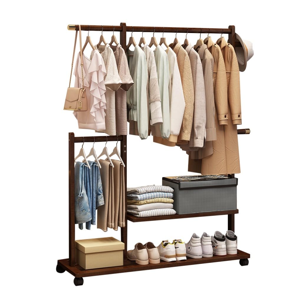 FGXHHS Double Hanging Clothes Rack on Wheels with Shoe & Shelves Heavy Duty for Hallway Bedroom Office Max Load 100kg