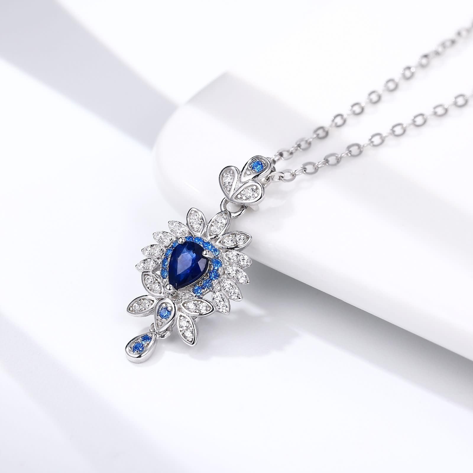 Catenina Collana in Argento Sterling 925,Collane Catena Fiore e Pera con Zaffiro Sintetico Collana Blu Argento con Ciondolo Donna