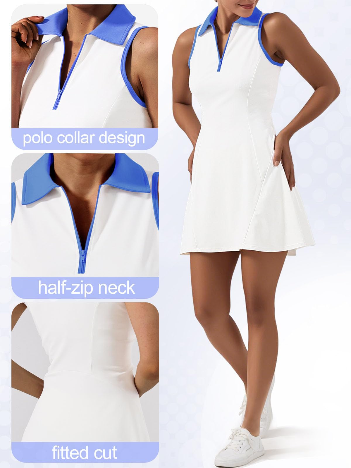 Vestido de Tenis sin Mangas Athletic Dress con Pantalón Corto Bolsillos Cremallera Polo Deportiva Mujer