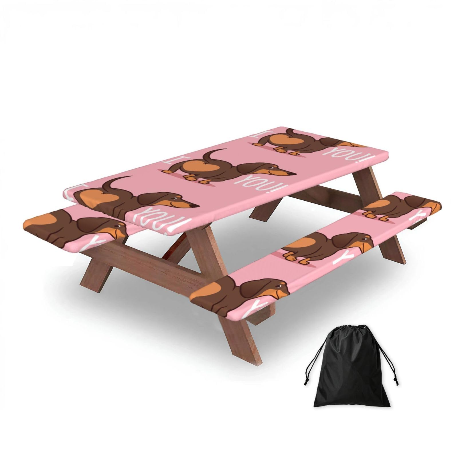 Dopklna As Picture Dachshund Puppy Dog, Picnic Table Cover With Bench Covers -Waterproof Elastic Fitted Tablecloth For Garden Camping Patio 76X152cm