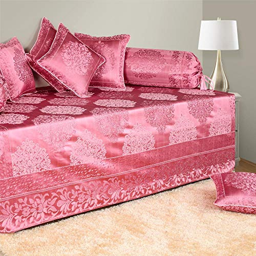 Image of Victor Poly Cotton Styria Satin Diwan Set 8 Pcs (1 Bedcover - 60 inchx90 inch, 2 Bolsters - 16 inch x 32 inch & 5 Cushion Covers - 16 inch x 16 inch) Damask Geometrical Pattern, Exclusive for Wedding, Pink