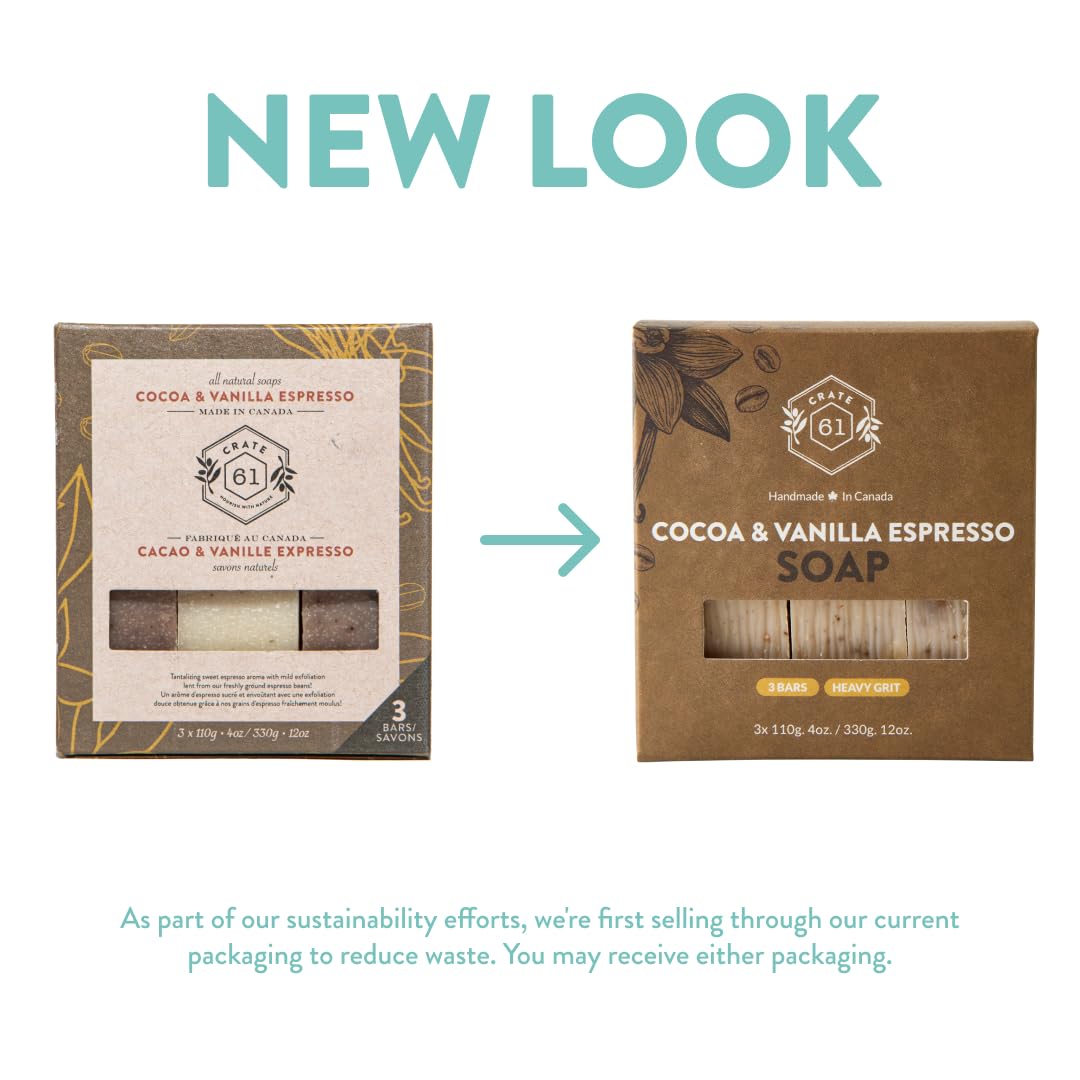 Crate 61, Handmade in Canada, Plant Based Cold Process Natural Bar Soap For Face And Body, With Premium Essential Oils, For Men And Women 3 Pack (Cocoa Vanilla Espresso)