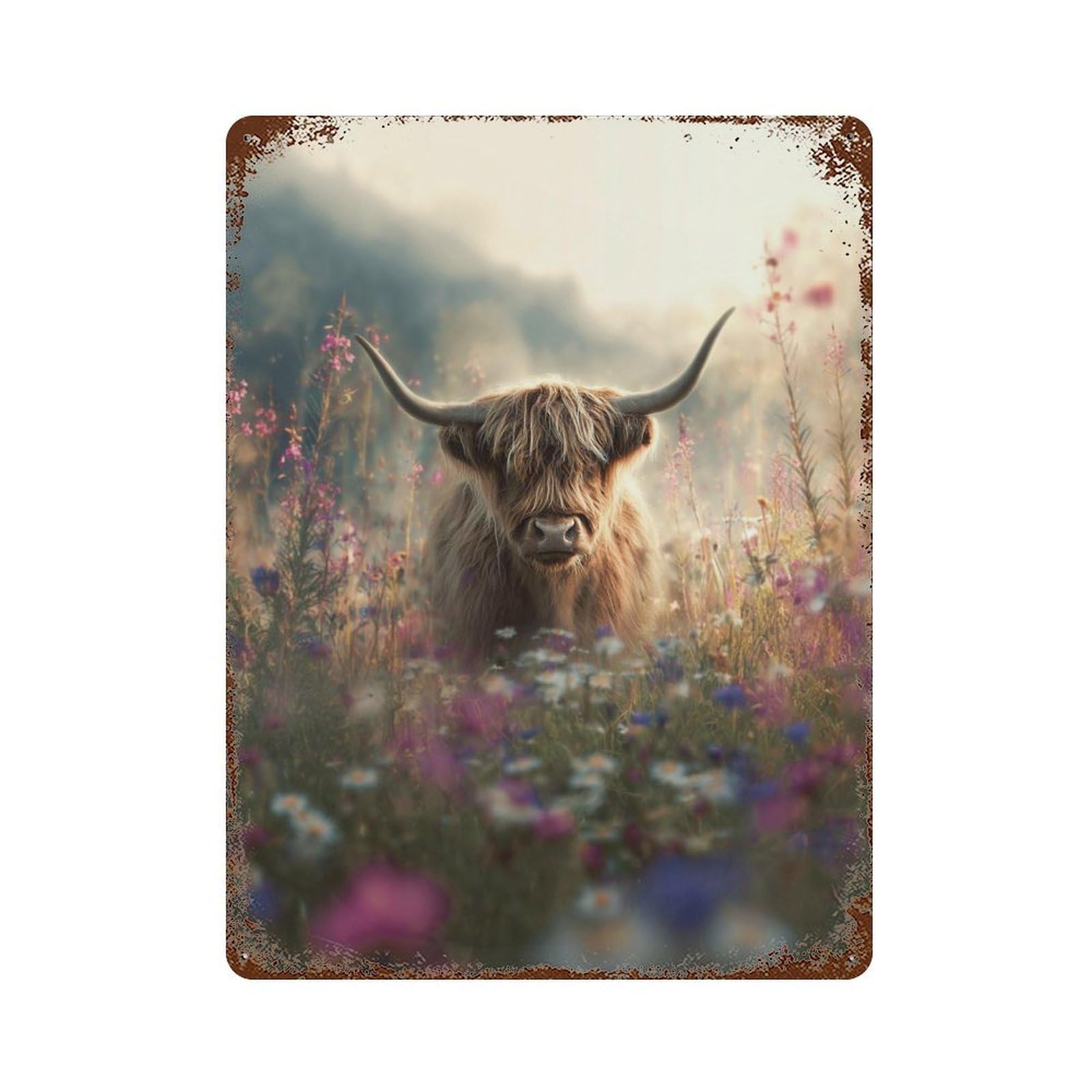 Decorative Tin Sign with Highland Cow in Wildflowers Design 15.7"x11.8", for Farmhouse, Kitchen And Entryway Decor, Old School Wall Decor
