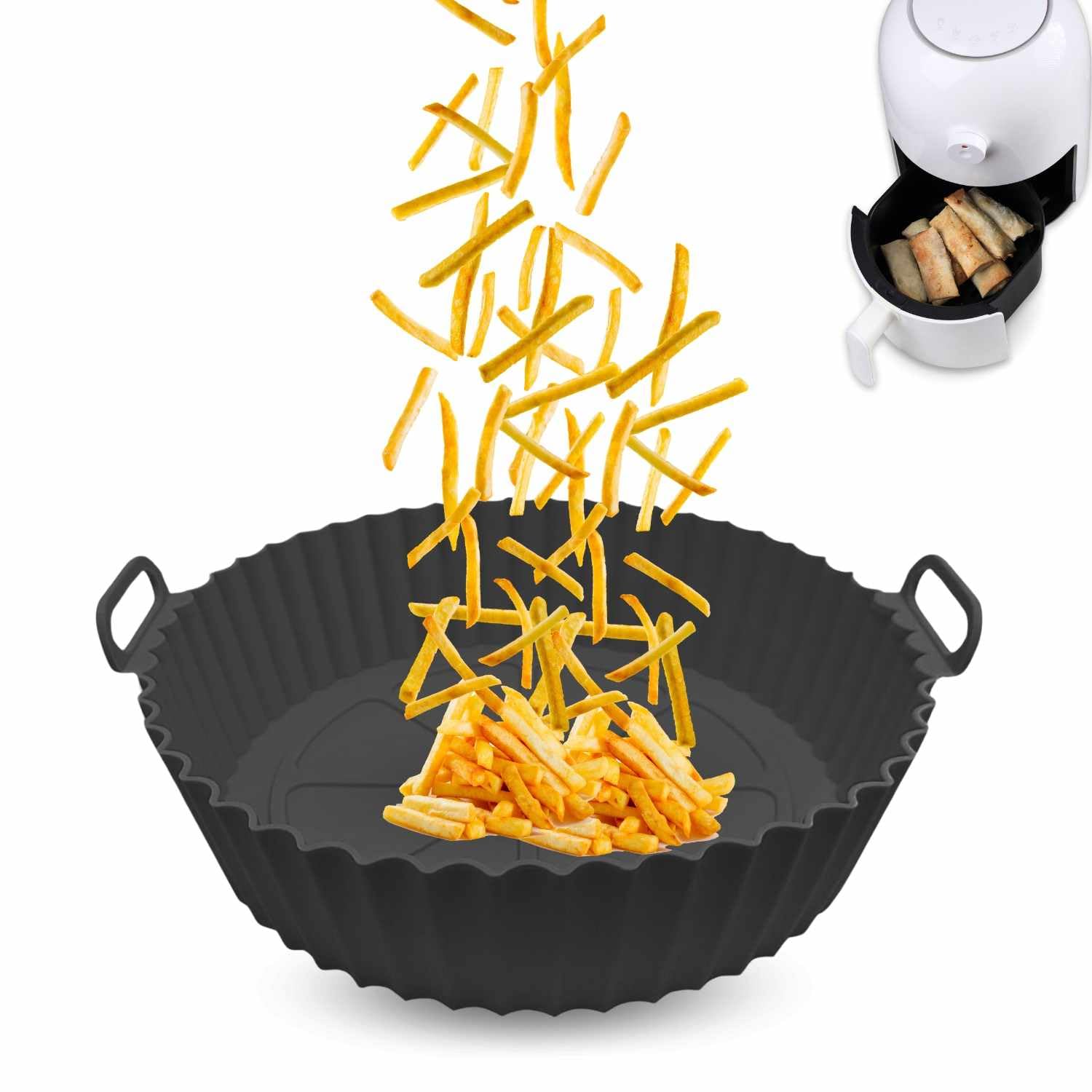 Round Silicone Mould for Air Fryer, Air Fryer Accessories, Round Silicone Fryer Container, Non-Stick, Suitable for 4 to 5 Litre Fryers, Silicone, Black