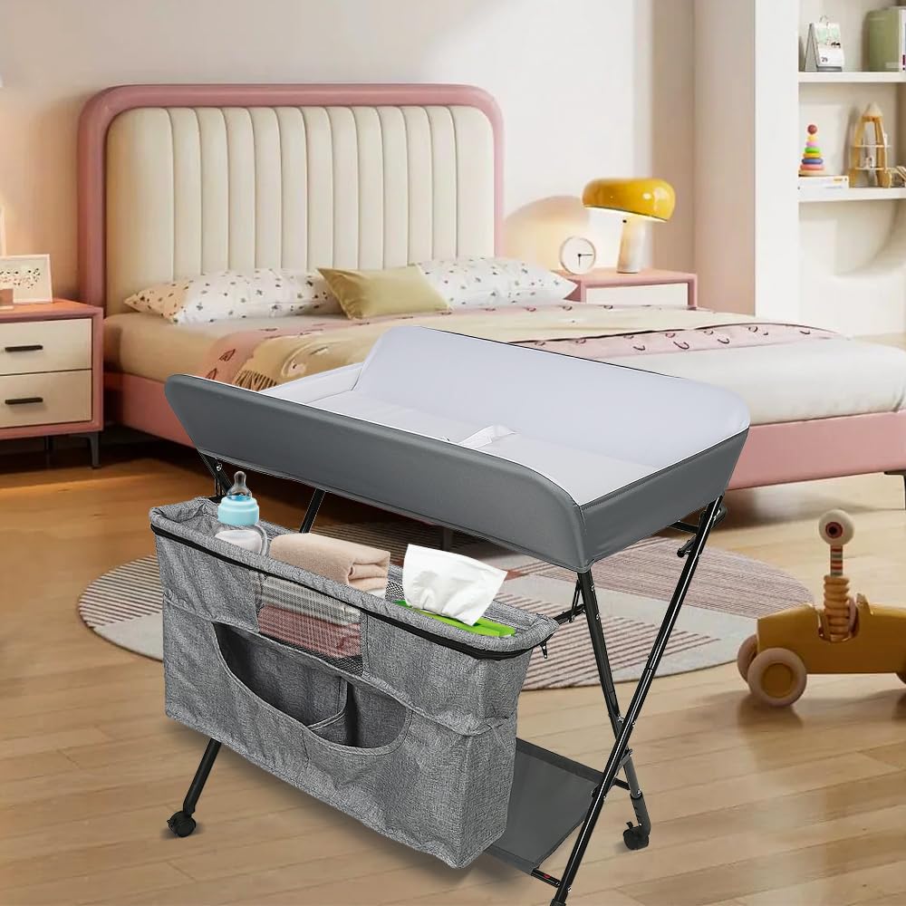 homewell Cambiador portátil plegable, altura ajustable, cambiador para bebé con ruedas y cinturón de seguridad, cambiador impermeable