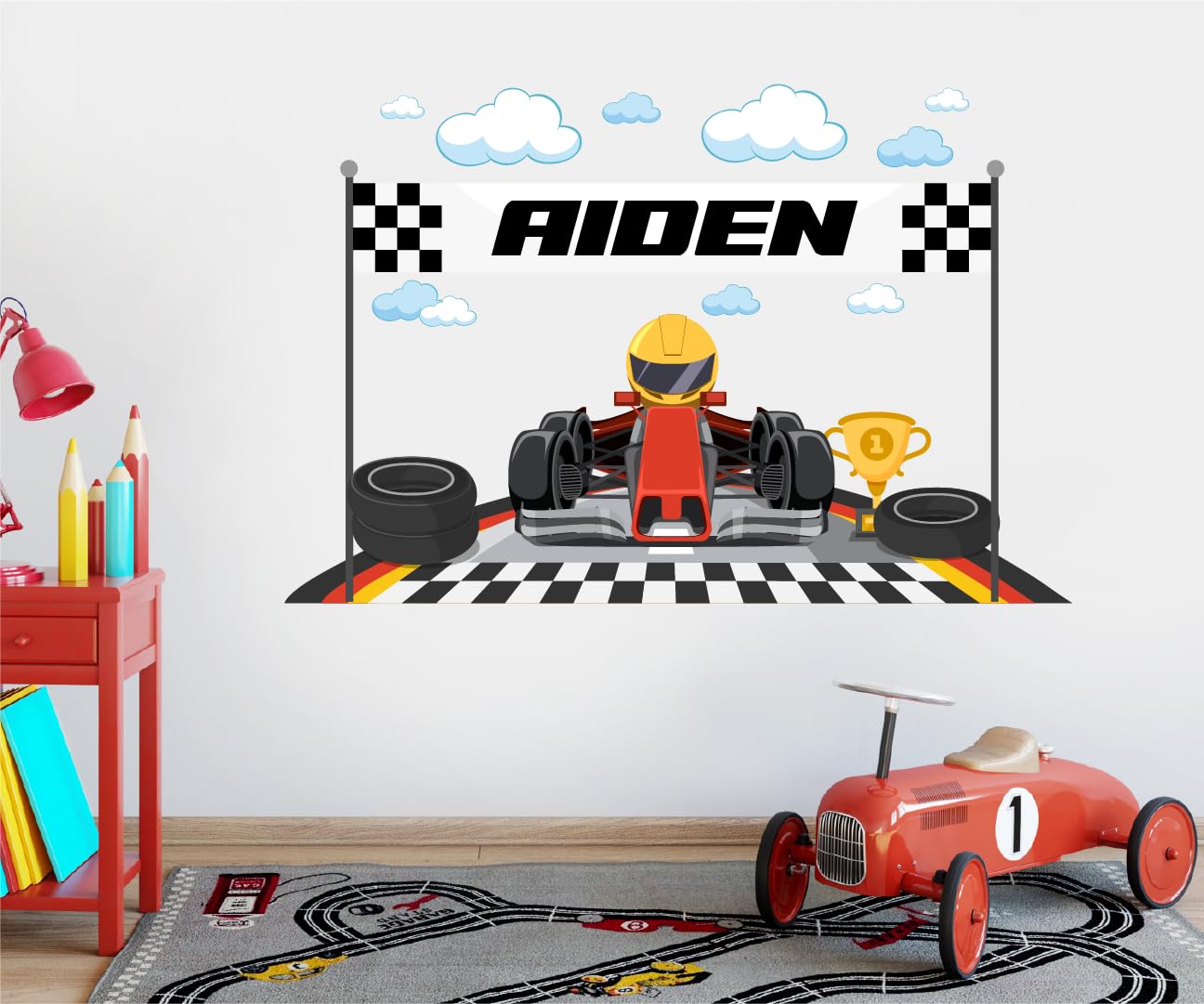 Personalized Racing Name Wall Decal for Kids - Custom Race Car Wall Art Stickers - Boys Bedroom Playroom Wall Decor - F1 Racing Cars Decals - Custom
