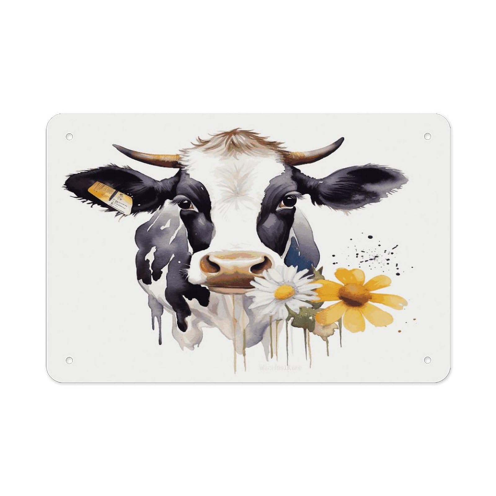 LDGSUPH Watercolor Cow And Daisy Flower Metal Tin Sign Wall Art Prints Folded Edge Iron Sheet Painting with Holes for Wall Prints Decorative Picture Metal Signboard Decor Painting Wall Decor
