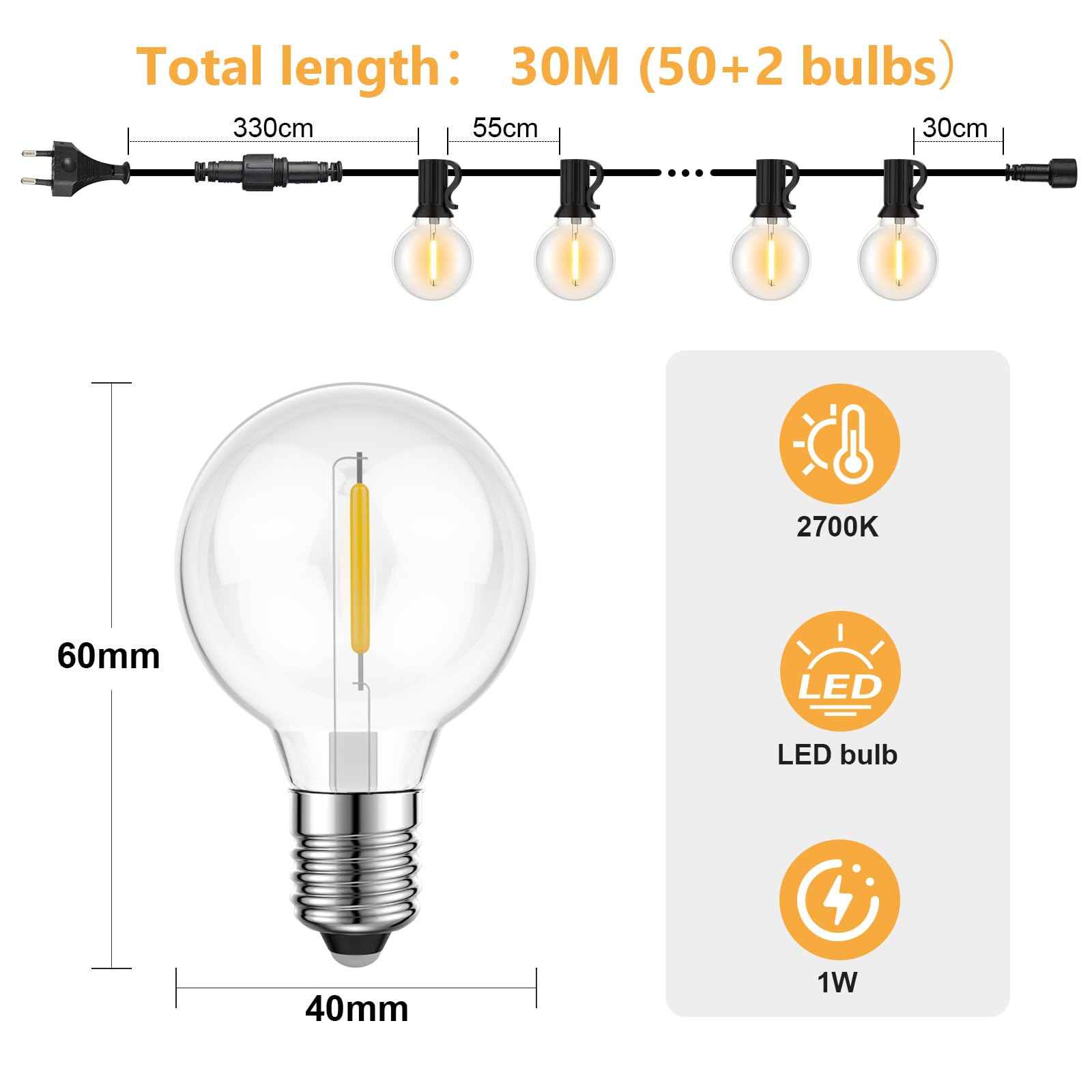 Miootly Catena Luminosa Esterno, 30M/100FT Luci da Esterno Giardino con 50+2 LED Lampadina, IP45 Impermeabile, 2700K Bianco Caldo, Catena Luminosa per Matrimonio, Festa, Giardino, Patio