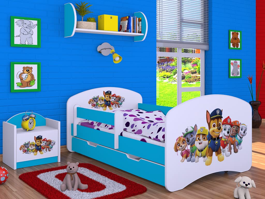 BDW Cama Infantil Super Dogs - Cuna con colchón y cajón - cómoda y Duradera Cama anticaídas - habitación Infantil - Azul (Motivo 3) - 190x90