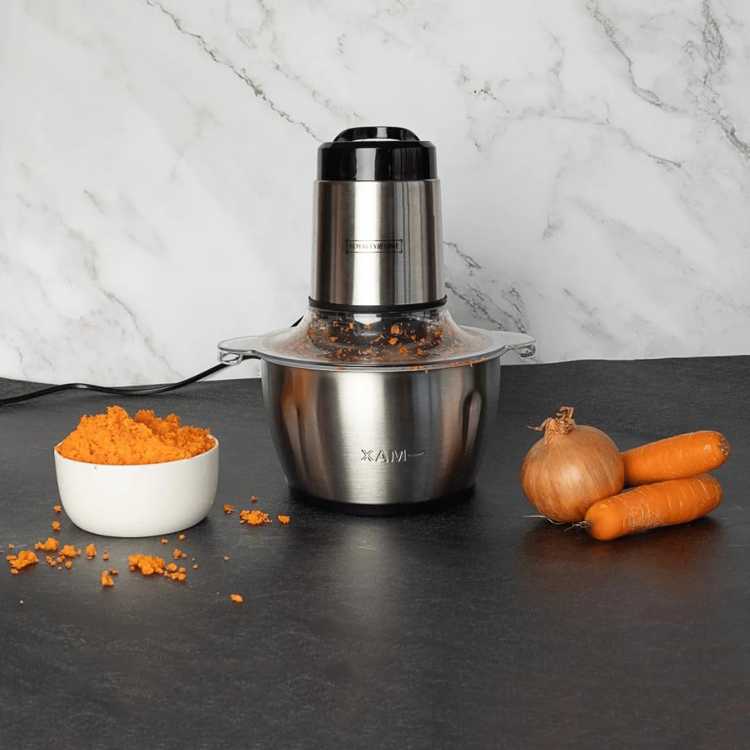 ROYALTY LINE, Tritatutto Multifunzione 300W RLMCE3003418, Ciotola in Acciaio Inox da 1,8 L, 2 Velocità, 4 Lame Affilate, Ideale per Carne, Verdura e Frutta, Facile da Pulire, Design ergonomico