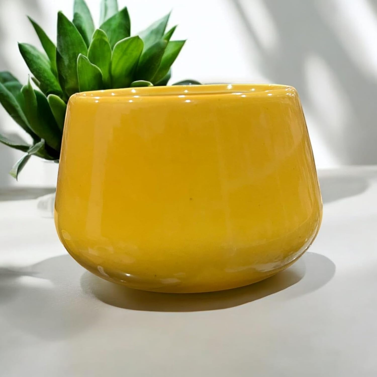 Modern Ceramic Plant Pot, 10 cm, Round Bowl Shape, Indoor Planter with Drainage Holes, Indoor Plant Pot for Home Office Living Room (Yellow)