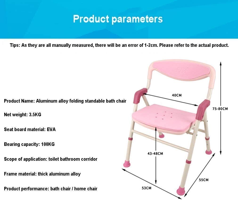 Home Essentials, Taburete de Ducha Plegable Ajustable en Altura, Baño Asiento de Ducha para Personas Mayores con Apoyabrazos Respaldo Asiento Transpirable de Goma Antideslizante,Rosa