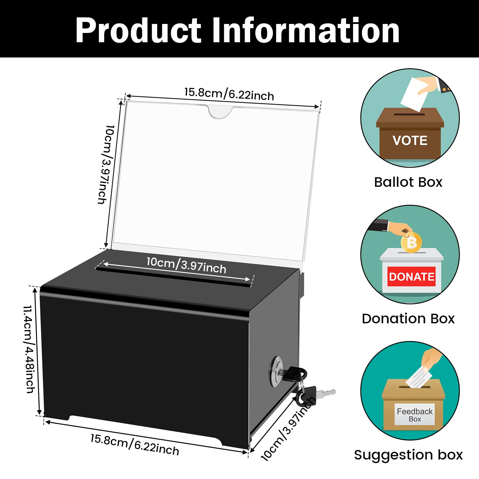 LOYALHEARTDY Acrylic Raffle Ticket Box With Stand - Lock & Key, Wheels, Suggestion/Donation/Ballot Box, 13.78x13.78x13.78in