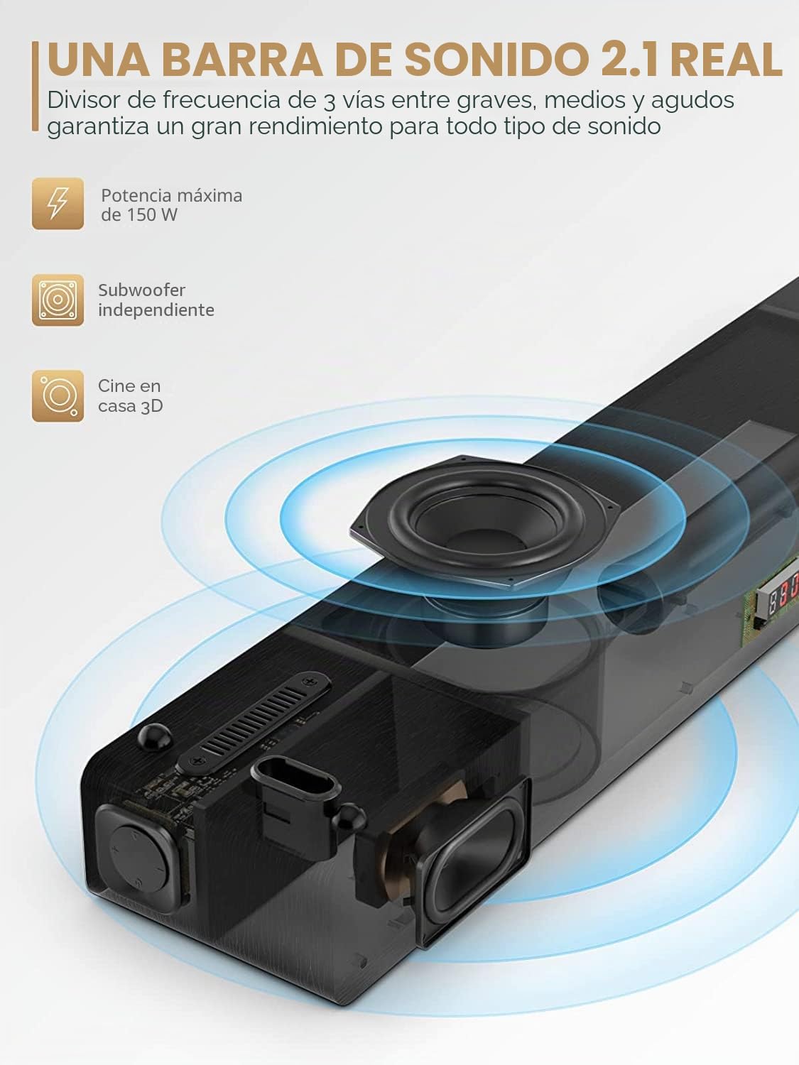 MEREDO Barra de Sonido, Sistema de Barra de Sonido para TV Altavoz BT 5.0 de 2.1 Canales y 150W con subwoofer Integrado para PC/Cine en casa, Compatible con ARC/óptico/Aux/USB