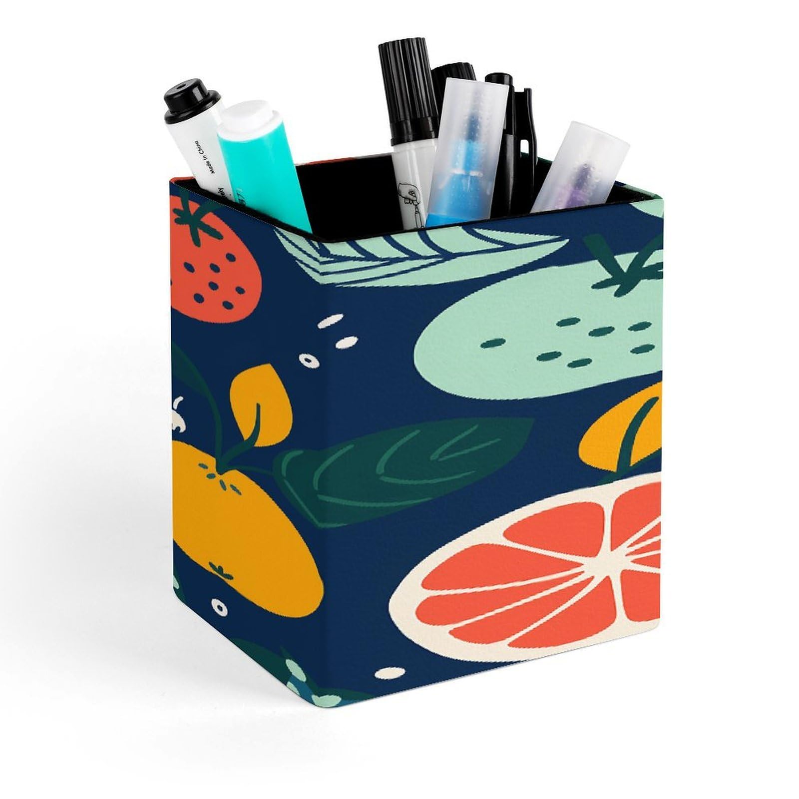FekiLoot Hand Drawn Fruits Pencil Holder for Desk Square Leather Pen Holder Cup Desktop Organizer Multi-Functional Pencil Cup Holders Modern Decorative Desk Organizer Caddy Makeup Brush Holders